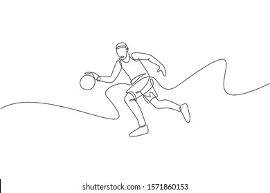 Single continuous line drawing of young healthy basketball player dribbling a ball. Competitive sport concept. Trendy one line draw design vector illustration for basketball tournament promotion media