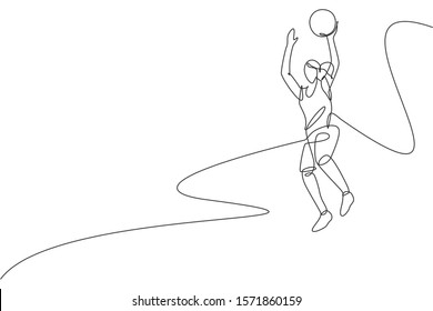 Single continuous line drawing of young healthy basketball female player jumping. Competitive sport concept. Trendy one line draw design vector illustration for basketball tournament promotion media