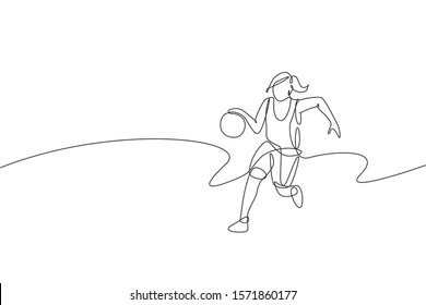 Single continuous line drawing of young healthy basketball female player dribbling. Competitive sport concept. Trendy one line draw design vector illustration for basketball tournament promotion media