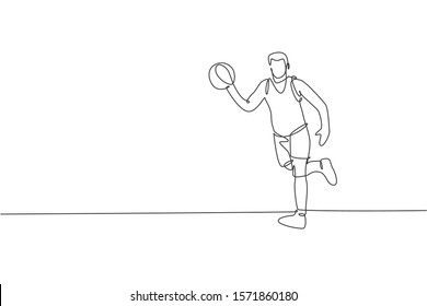 Single continuous line drawing of young healthy basketball player dribbling ball. Competitive sport concept. Trendy one line draw design vector illustration for basketball tournament promotion media