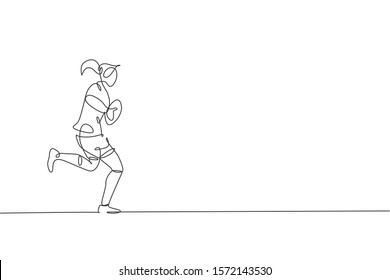 Single continuous line drawing of young agile rugby player running and holding the ball. Competitive sport concept. Trendy one line draw design vector illustration for rugby tournament promotion media