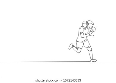 Single continuous line drawing young agile female rugby player holding the ball. Competitive sport concept. Trendy one line draw graphic design vector illustration for rugby tournament promotion media