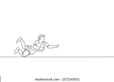 Single continuous line drawing of young agile rugby player jumping to catch the ball. Competitive sport concept. Trendy one line draw design vector illustration for rugby tournament promotion media