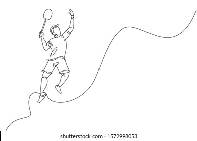 Single continuous line drawing young agile badminton player jumping smash shuttlecock. Competitive sport concept. One line draw design graphic vector illustration for badminton tournament publication