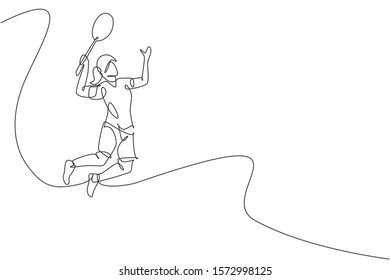 Single continuous line drawing of young agile badminton player jump hit shuttlecock. Sport training concept. Trendy one line draw design vector illustration for badminton tournament publication media