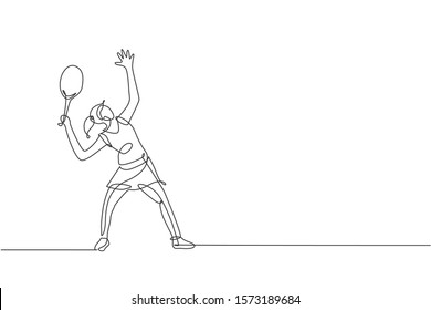 Single continuous line drawing of young agile tennis player ready to service hit the ball. Sport exercise concept. Trendy one line draw design vector illustration for tennis tournament promotion media