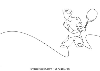 Single continuous line drawing of young agile tennis player hit the ball from opponent. Sport exercise concept. Trendy one line draw design vector illustration for tennis tournament promotion media