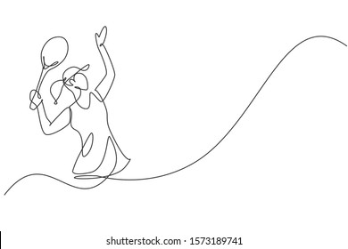 Single continuous line drawing young agile woman tennis player doing service hit. Sport exercise concept. Trendy one line draw design graphic vector illustration for tennis tournament promotion media