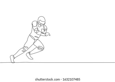 Single continuous line drawing young agile american football player running fast to score a goal for competition media. Sport exercise concept. Trendy one line draw design vector graphic illustration