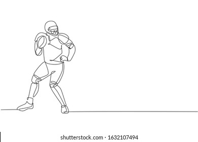 Single continuous line drawing of young agile man american football player stand stance to pass the ball for competition media. Sport exercise concept. Trendy one line draw design vector illustration