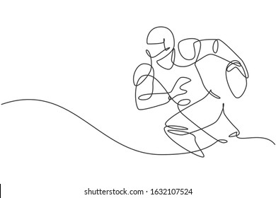 Single continuous line drawing of young agile man american football player running while hold the ball for competition media. Sport exercise concept. Trendy one line draw design vector illustration