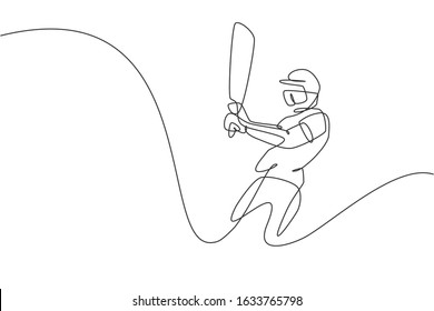 Single Continuous Line Drawing Of Young Agile Man Cricket Player Swing Cricket Bat At Training Ground Vector Illustration. Sport Exercise Concept. Trendy One Line Draw Design For Sport Promotion Media