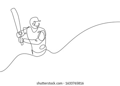 Single continuous line drawing of young agile man cricket player practice seriously at sport field vector illustration. Sport exercise concept. Trendy one line draw design for cricket promotion media
