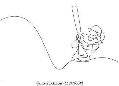 Single continuous line drawing of young agile woman cricket player ready to hit the ball at stadium vector illustration. Sport exercise concept. Trendy one line draw design for cricket promotion media