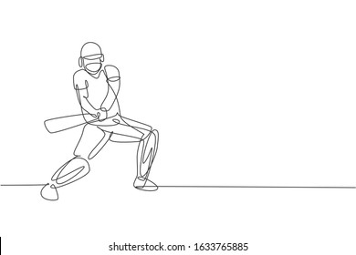 Single continuous line drawing of young agile man cricket player standing ready to hit the ball vector illustration. Sport exercise concept. Trendy one line draw design for cricket promotion media