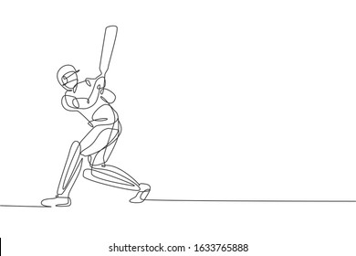 Single Continuous Line Drawing Of Young Agile Man Cricket Player Practicing Hit The Ball At Field Vector Illustration. Sport Exercise Concept. Trendy One Line Draw Design For Cricket Promotion Media