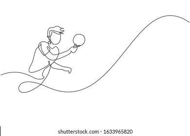 Single continuous line drawing of young agile man table tennis player focus practicing. Sport exercise concept. Trendy one line draw design vector illustration for ping pong tournament promotion media