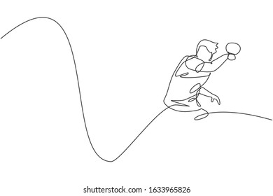 Single continuous line drawing of young agile man table tennis player hit the ball. Sport exercise concept. Trendy one line draw design vector illustration for ping pong tournament promotion media