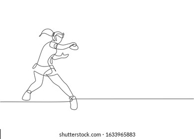 Single continuous line drawing of young agile woman table tennis player hit the ball. Sport exercise concept. Trendy one line draw design vector illustration for ping pong tournament promotion media