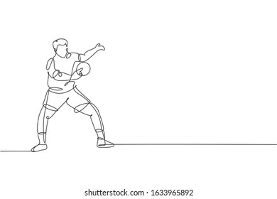 Single continuous line drawing of young agile man table tennis player hitting the ball. Sport exercise concept. Trendy one line draw design vector illustration for ping pong tournament promotion media