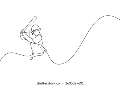 Single continuous line drawing of young agile man baseball player focus practice to hit the ball. Sport exercise concept. Trendy one line draw design vector illustration for baseball promotion media