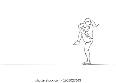Single continuous line drawing of young agile woman baseball player practice to throw the ball. Sport exercise concept. Trendy one line draw design vector illustration for baseball promotion media