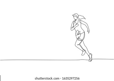 Single continuous line drawing of young agile woman runner do run relax. Individual sport with competition concept. Trendy one line draw design vector illustration for running tournament promotion