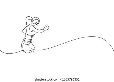 Single continuous line drawing of young agile woman boxer launch powerful uppercut punch. Fair combative sport concept. Trendy one line draw design vector illustration for boxing game promotion media