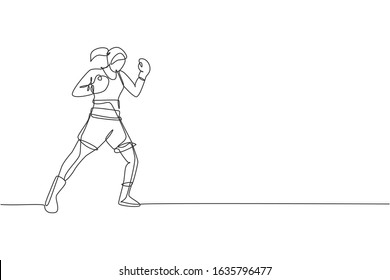 Single continuous line drawing of young agile woman boxer stance confidence at sport gym. Fair combative sport concept. Trendy one line draw design vector illustration for boxing game promotion media