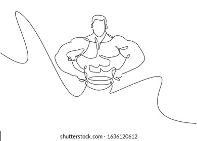 Single continuous line drawing of young muscular model man bodybuilder posing elegantly. Fitness gym logo. Trendy one line draw design vector illustration for budybuilding icon and symbol template