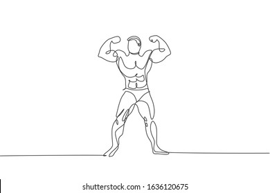Single continuous line drawing of young muscular model man bodybuilder posing elegantly. Fitness gym logo. Trendy one line draw design vector illustration for budybuilding icon and symbol template