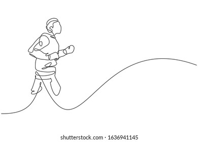Single continuous line drawing young agile man runner run calm and relax at outdoor park. Healthy lifestyle concept. Trendy one line draw graphic design vector illustration for running race promotion