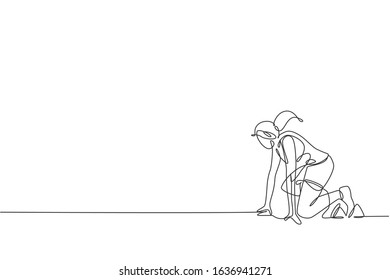 Single continuous line drawing of young agile woman runner ready to sprint fast at start line. Healthy lifestyle concept. Trendy one line draw design vector illustration for running race promotion