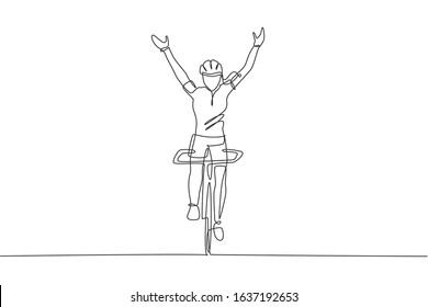 Single continuous line drawing of young agile woman cyclist raise her hands up upon the air. Sport lifestyle concept. Trendy one line draw design vector illustration for cycling race promotion media