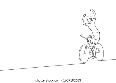 Single continuous line drawing of young agile man cyclist raise his hands while reach finish line. Sport lifestyle concept. One line draw design vector illustration for cycling race promotion media