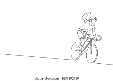 Single Continuous Line Drawing Of Young Agile Man Cyclist Happy To Reach Finish Line. Sport Lifestyle Concept. Trendy One Line Draw Design Graphic Vector Illustration For Cycling Race Promotion Media