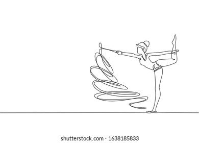 Single continuous line drawing of young beauty professional gymnast girl perform dance with ribbon. Rhythmic gymnastic training and stretching concept. Trendy one line draw design vector illustration