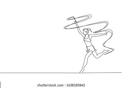 Single continuous line drawing of young beauty professional gymnast girl perform dance with ribbon. Rhythmic gymnastic training and stretching concept. Trendy one line draw design vector illustration