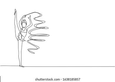 Single continuous line drawing of young beauty professional gymnast girl perform dance with ribbon. Rhythmic gymnastic training and stretching concept. Trendy one line draw design vector illustration