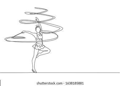 Single continuous line drawing of young beauty professional gymnast girl perform dance with ribbon. Rhythmic gymnastic training and stretching concept. Trendy one line draw design vector illustration