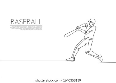 Single continuous line drawing of young agile man baseball player practice to hit ball at field. Sport exercise concept. Trendy one line draw design vector illustration for baseball promotion media