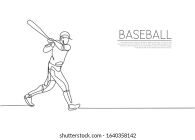 Single continuous line drawing of young agile man baseball player practice to hit the ball. Sport exercise concept. Trendy one line draw design vector graphic illustration for baseball promotion media