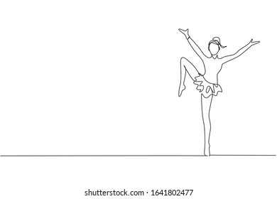 Single continuous line drawing of young beauty professional gymnast girl perform floor exercise. Rhythmic gymnastic training and stretching concept. Trendy one line draw design vector illustration
