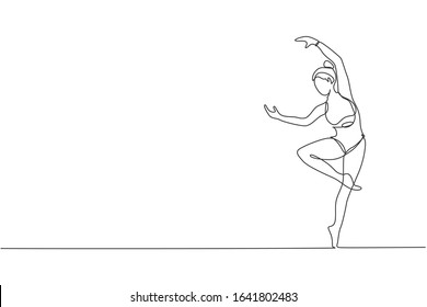 Single continuous line drawing of young beauty professional gymnast girl perform floor exercise. Rhythmic gymnastic training and stretching concept. Trendy one line draw design vector illustration