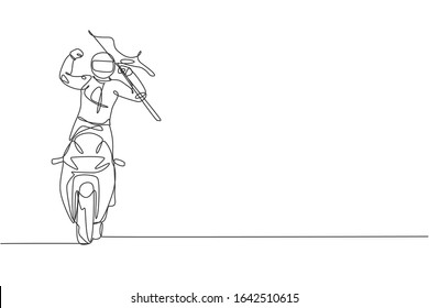 Einzelne kontinuierliche Zeichnung des jungen Superbike-Fahrers hebt die Fahne hoch, um einen Sieg zu feiern. Moto-Turnierkonzept. Trendy One Line Drawing Design Vektorillustration Illustration für MotoRace Promotion Media
