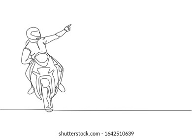 Single continuous line drawing of young superbike racer pointing finger to the spectators. Moto tournament concept. Trendy one line draw design vector illustration for motorbike race promotion media