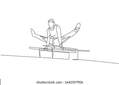 Single continuous line drawing young handsome professional gymnast man perform acrobatic motion. Parallel bars training and stretching concept. Trendy one line draw design vector graphic illustration