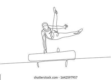 Single continuous line drawing young handsome professional gymnast man perform acrobatic motion. Pommel horse training and stretching concept. Trendy one line draw design vector graphic illustration