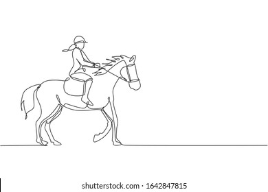 Single continuous line drawing of young professional horseback rider walking with a horse around the stables. Equestrian sport training process concept. Trendy one line draw design vector illustration