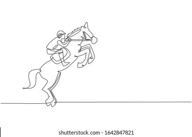 Single continuous line drawing of young professional horseback rider try to tame the horse at the stables. Equestrian sport training process concept. Trendy one line draw design vector illustration